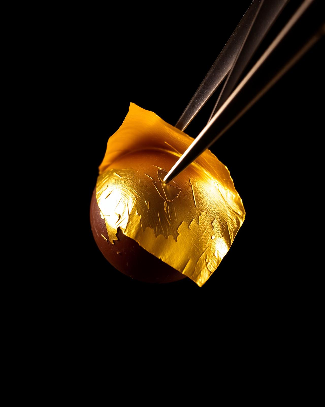 Gold leaf being laid onto a dark chocolate bonbon with fine tweezers
