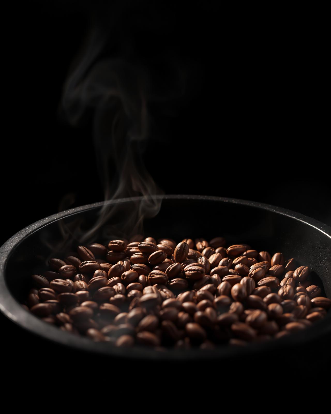 Cacao beans roasting in a dark drum under a single warm beam