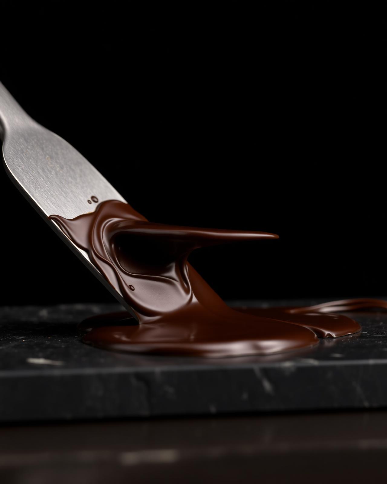Dark chocolate being tempered with a steel spatula on black granite