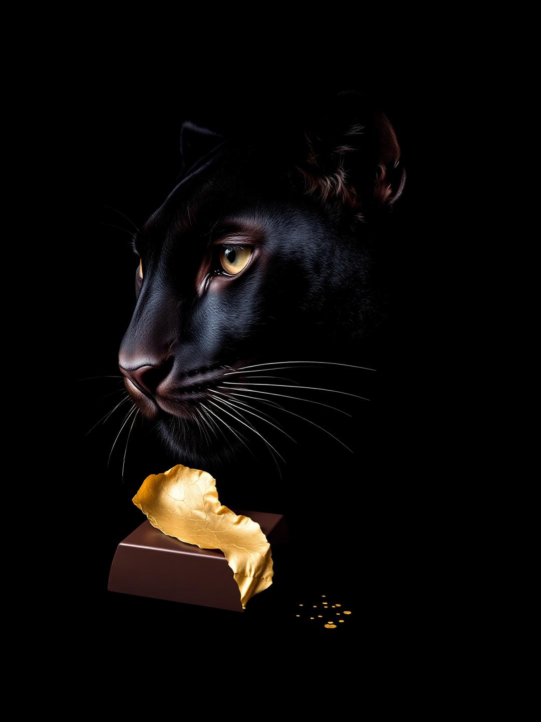 Black panther beside a gold-leafed square of Ghana 88% dark chocolate
