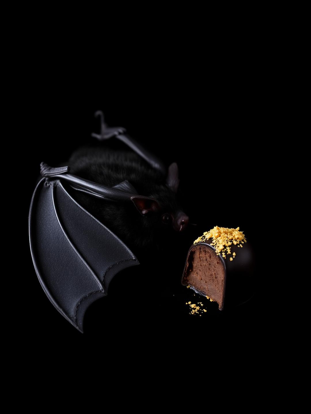 Black bat beside a gold-dusted Madagascar dark chocolate bonbon