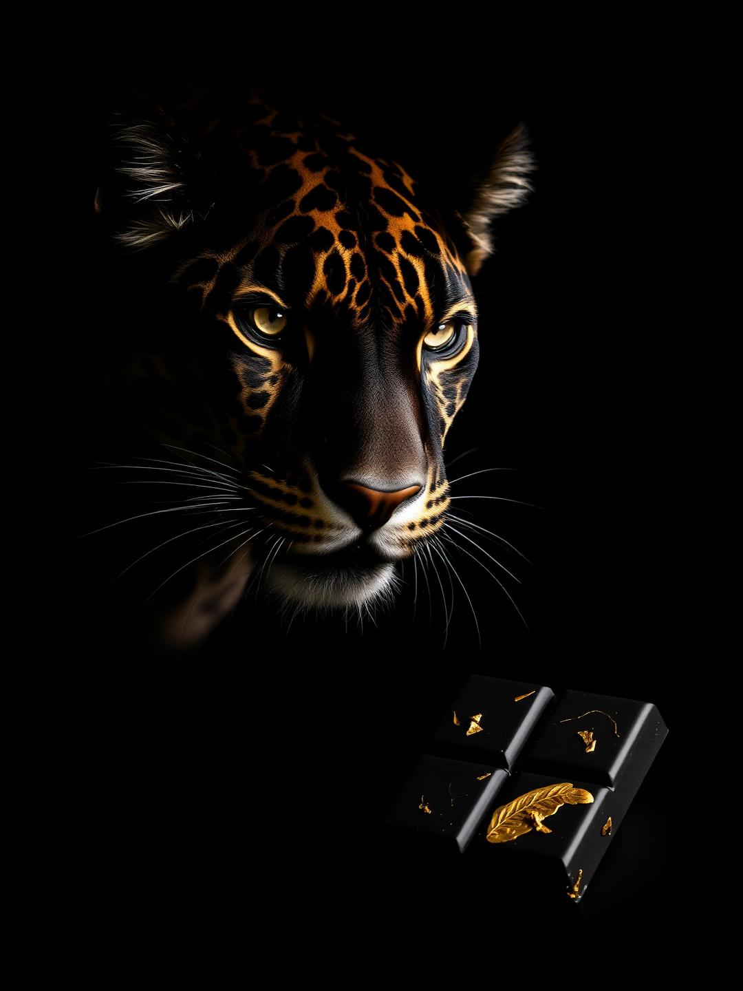 Black jaguar beside a faceted Venezuela dark chocolate praline