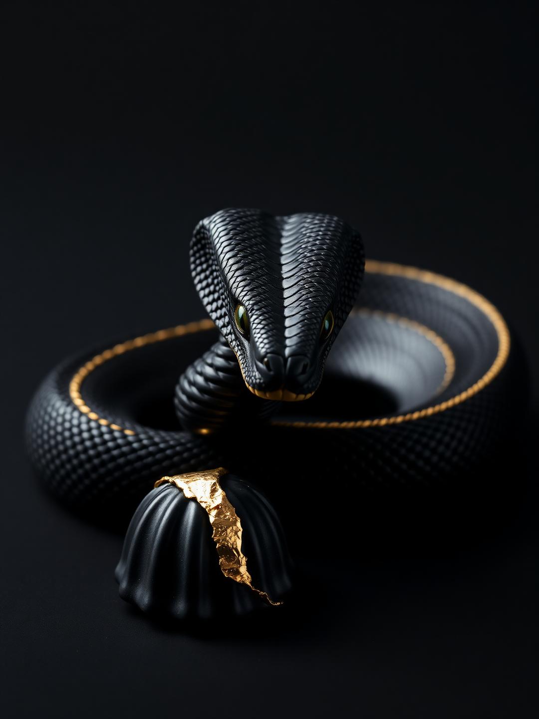 Black cobra beside a ribbed Vietnam dark chocolate bonbon banded in gold leaf