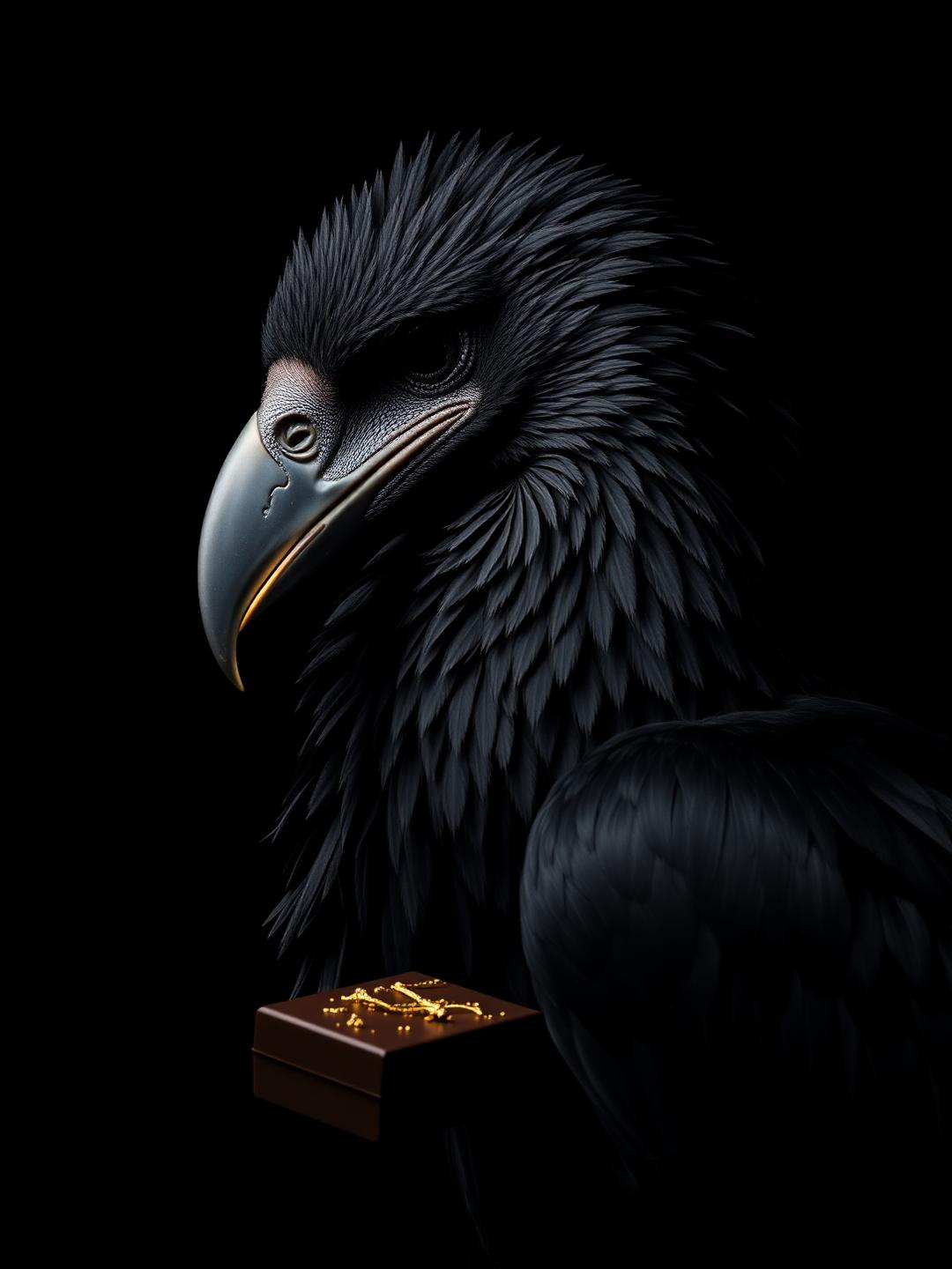 Black condor beside a Peru dark chocolate shard flecked with gold