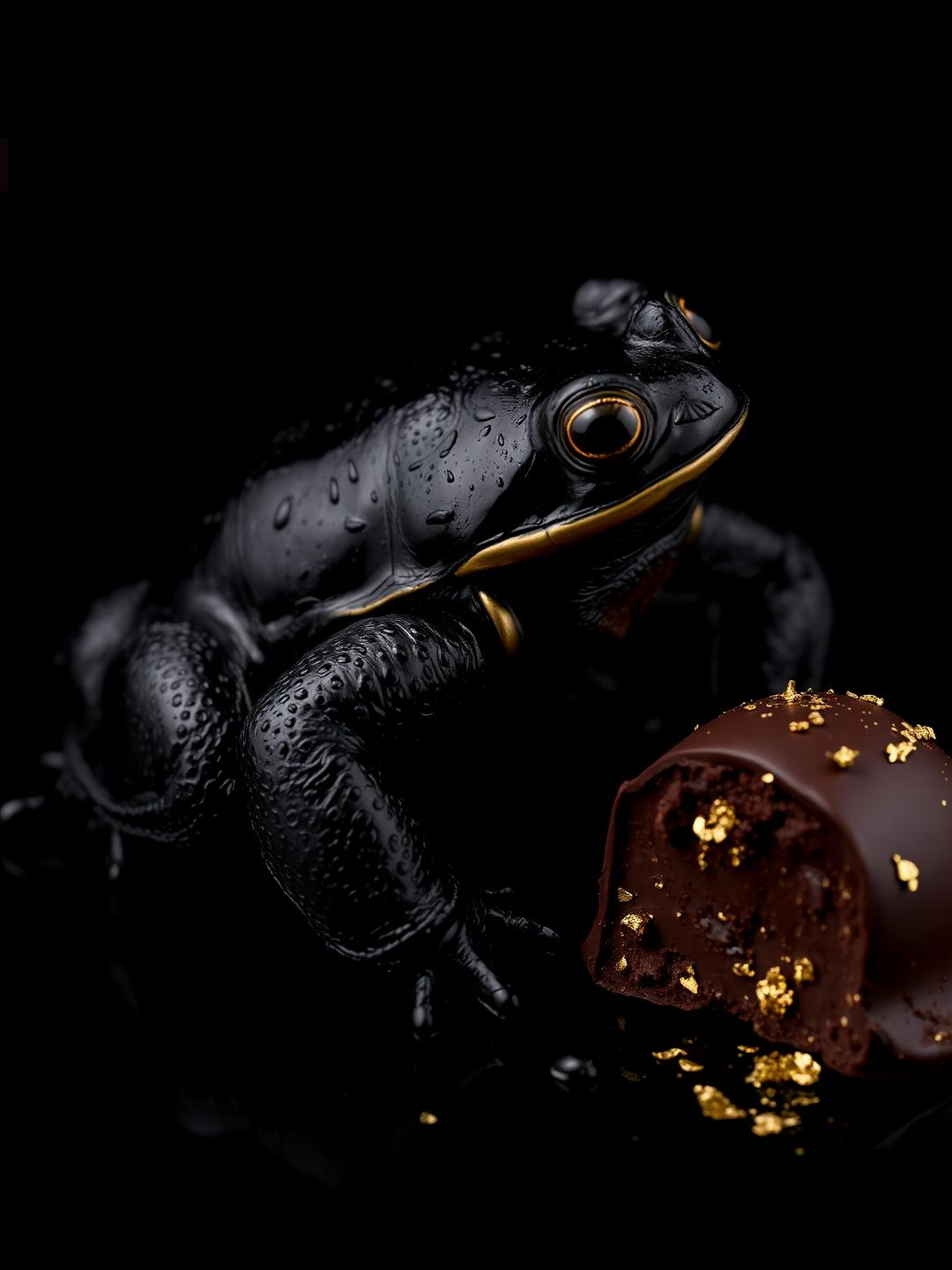 Glossy black toad beside a jewel-like Ecuador dark chocolate sphere